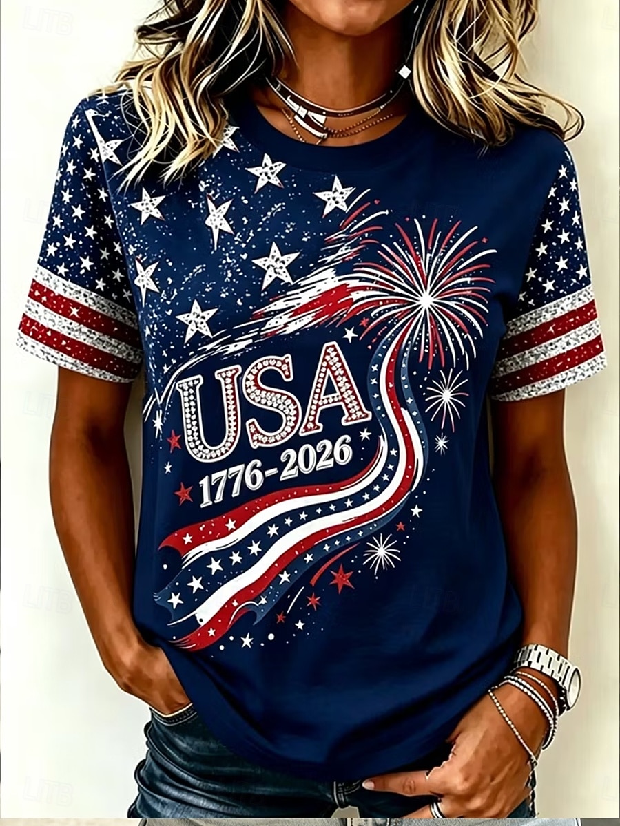T-shirt patriote pour le 250e anniversaire des femmes Imprimé graphique Drapeau mode élégant classique à manches courtes col rond Tops réguliers décontractés quotidiens Bleu Rouge vin Bleu marine Été de 2026 ? $21.99 –P3