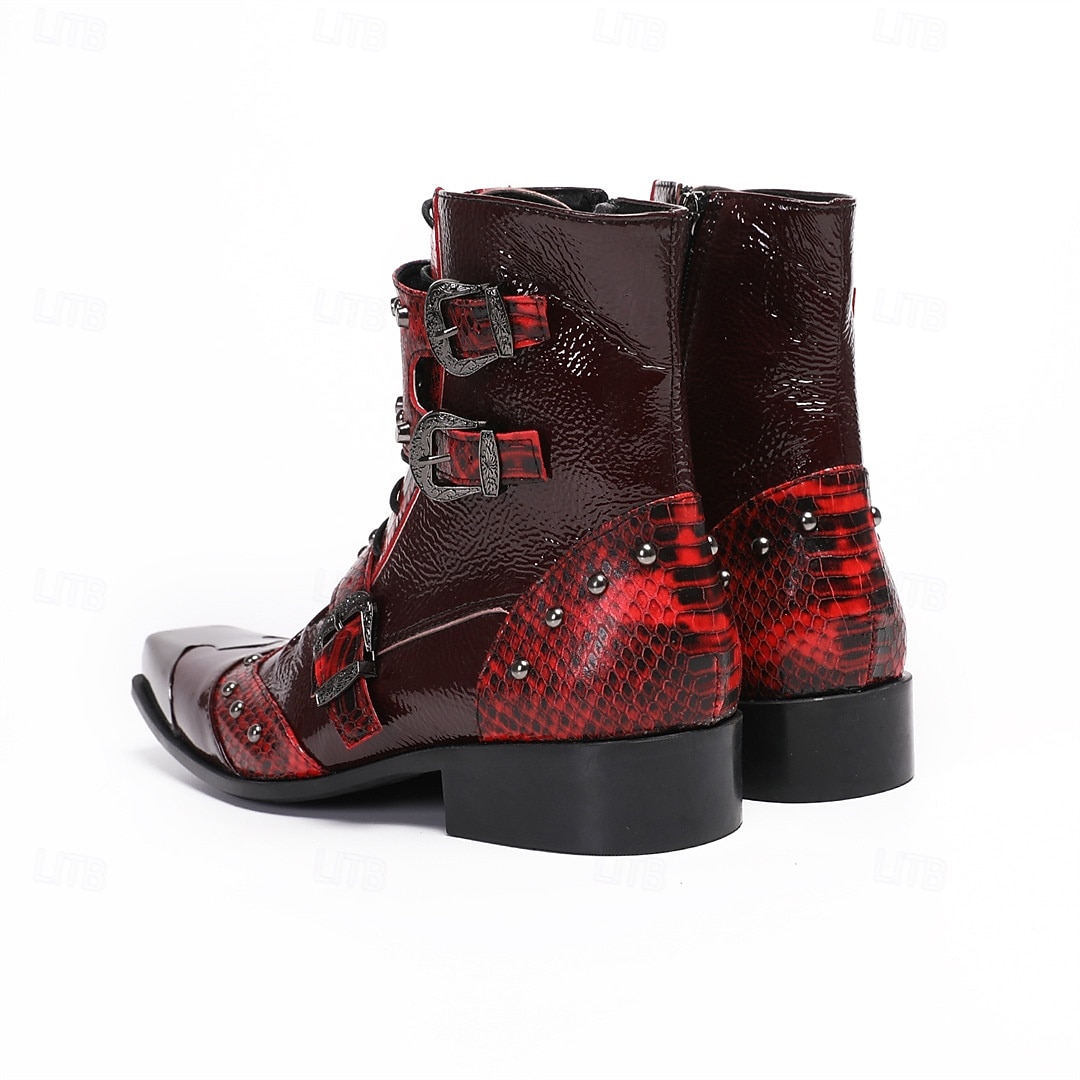 Men's Red Western Biker Boots – Exotic Buckle Ankle Boots, Vintage Cowboy Footwear for Motorcycle Riding, Concerts, Music Festivals and Nightlife 2026 - $149.99 –P4