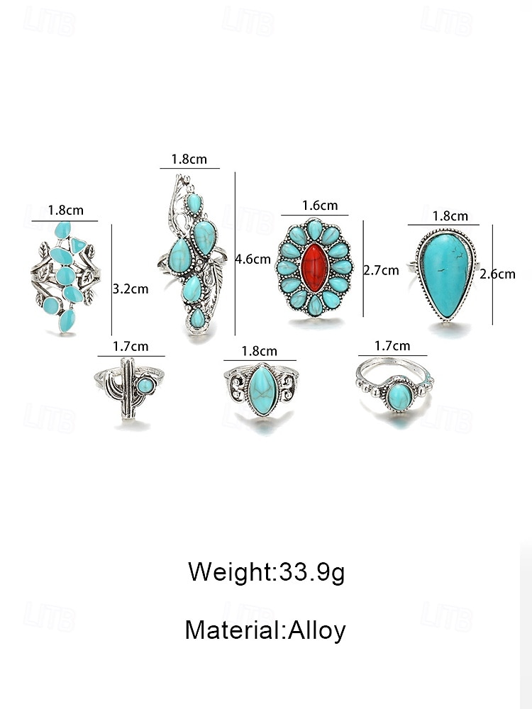 Women's Turquoise Ring Set Vintage Silver Alloy Stackable Rings Boho Southwestern Western Cowgirl Jewelry Floral Cactus Statement Rings for Vacation Festival Daily Wear 2026 - $11.99 –P5