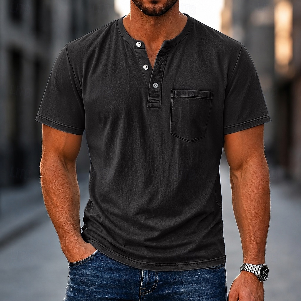 Men's Henley Shirt 100% Cotton Acid Wash Shirt T shirt Tee Short Sleeve Plain Retro Vintage Casual Distressed Vintage Style Washed Henley Casual Spring & Summer Summer Spring Black Light Green Pink 2026 - $31.99 –P16