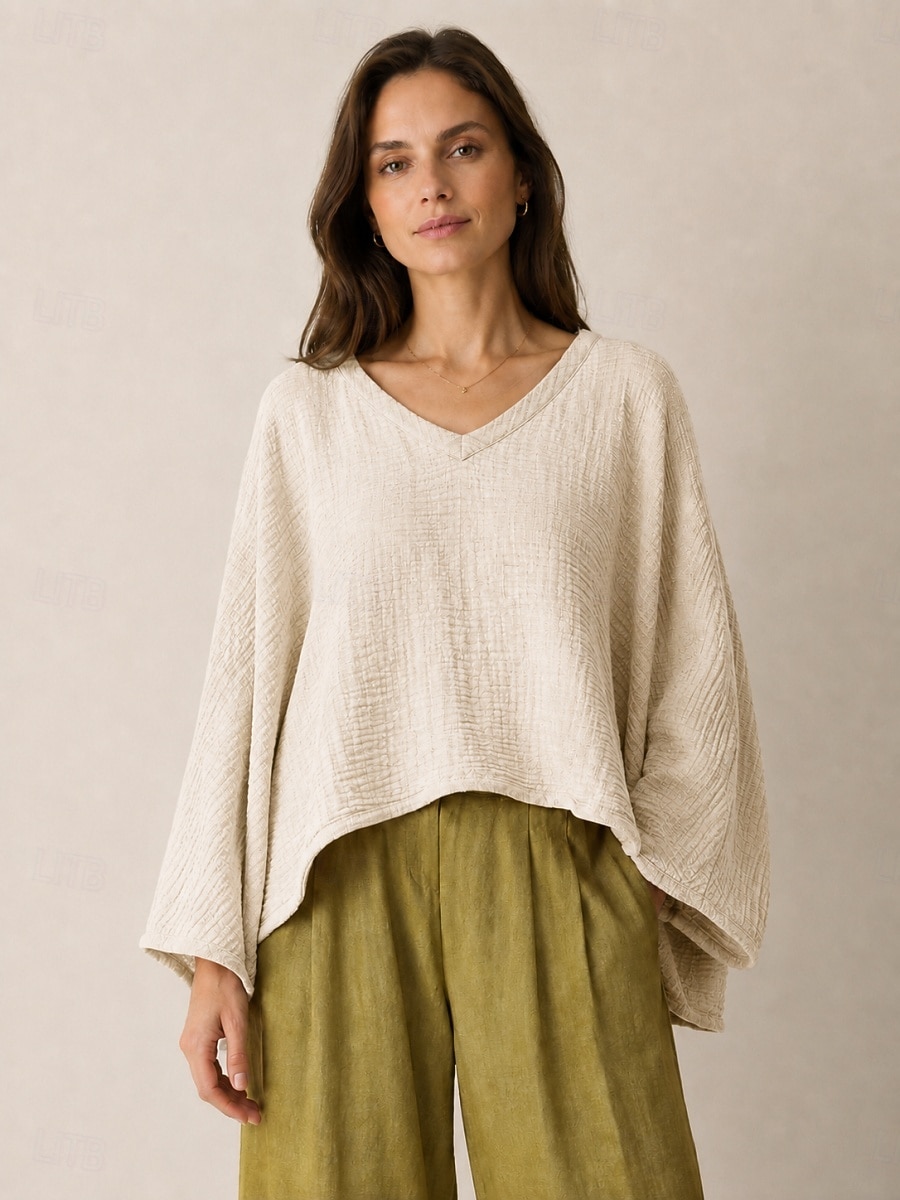 Leinenbluse für Damen mit langen Ärmeln, asymmetrischem Saum und V-Ausschnitt im Vintage-Stil, gelb, lila und beige, Herbst/Winter 2026 - $45.99 –P6