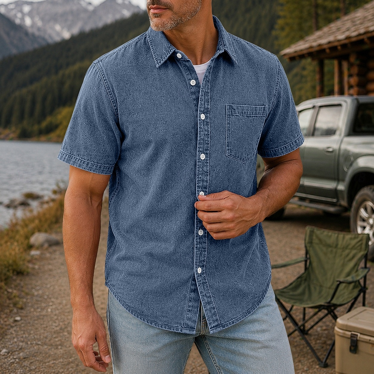 SoftFade™ Men Shirt Casual Shirt Demin Shirt Acid Wash Shirt Garment Dyed Black Light Green Burgundy Navy Blue Purple Short Sleeve Plain Shirt Collar Casual Daily Button-Down Clothing 2026 - $31.99 –P8