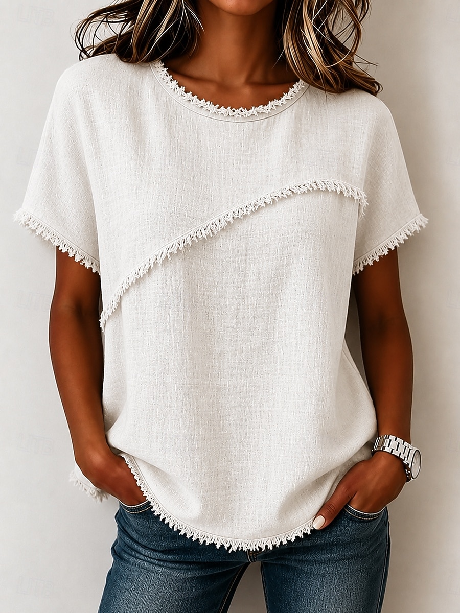 Women's T Shirt Tee Top Ruffle Plain Fashion Stylish Classic Short Sleeve Crew Neck Regular Tops Casual Daily Going out White Purple Green Khaki Apricot Summer Spring 2026 - $25.99 –P4