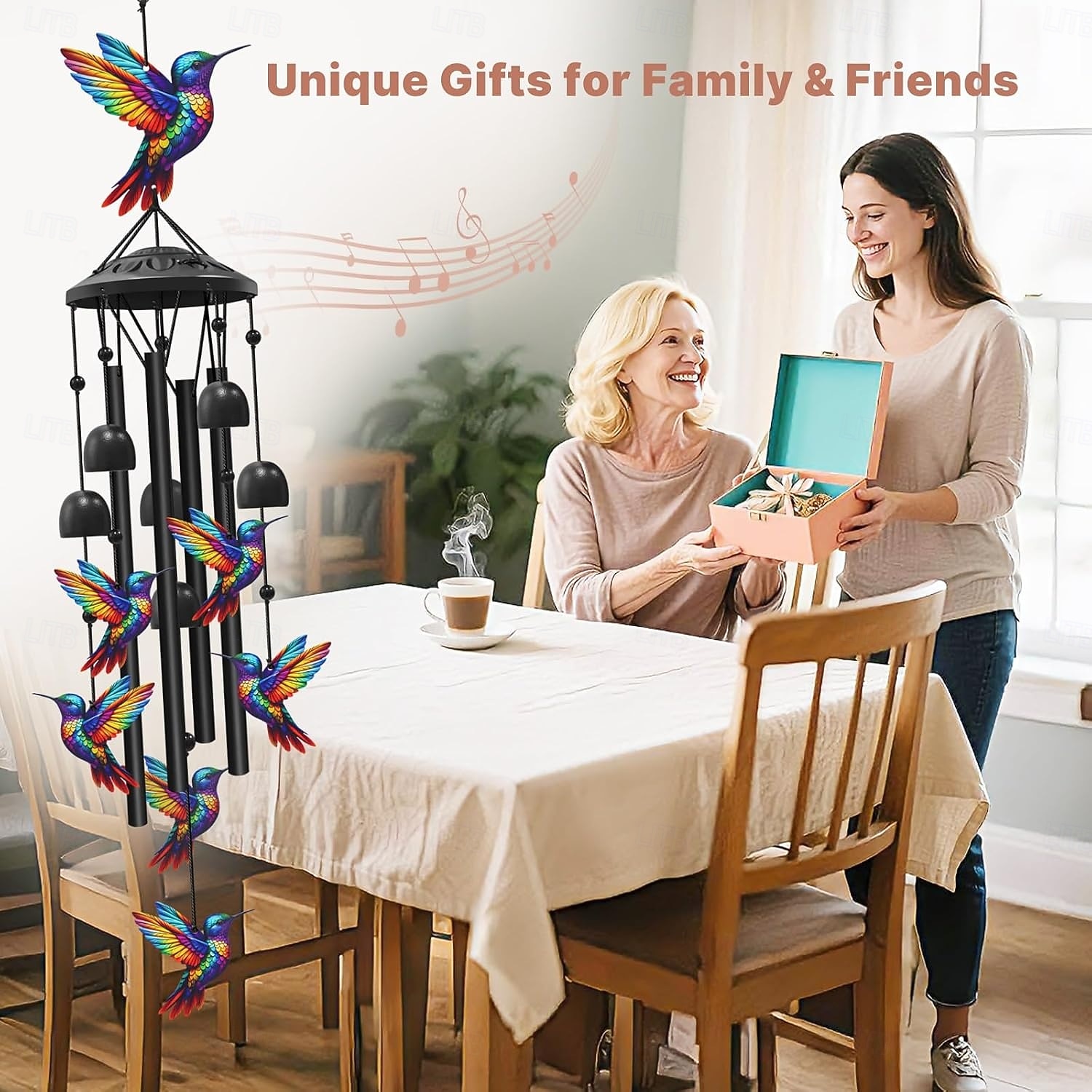 Buntes Vintage-Windspiel mit Kolibri-Motiv für draußen, schwarzes Metall-Windspiel für den Außenbereich, Geschenkideen für Frauen und Männer, Garten- und Hofdekoration, Erinnerungs- oder 2026 - $26.99 –P8