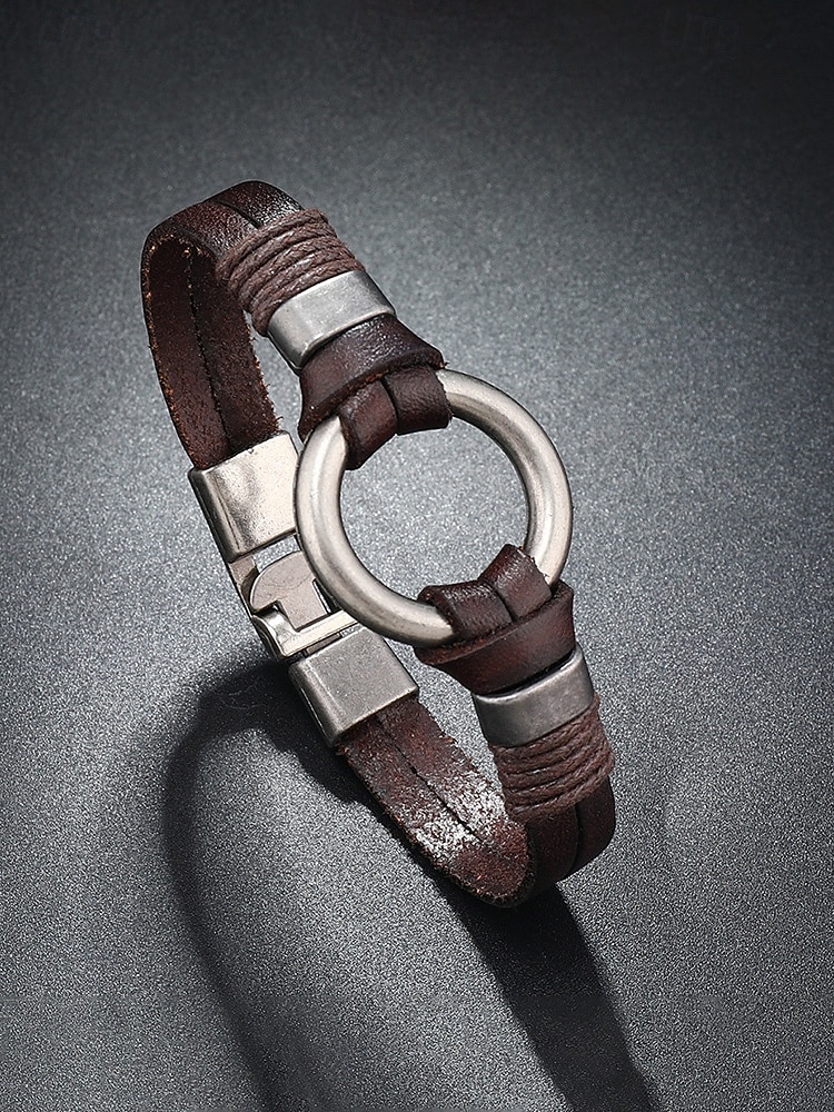 Herrearmbånd i ekte skinn i svart brunt, vintage minimalistisk legeringsringarmbånd for menn, uformelt retro armbåndssmykke til daglig bruk, reise og gave 2026 - $7.99 –P5
