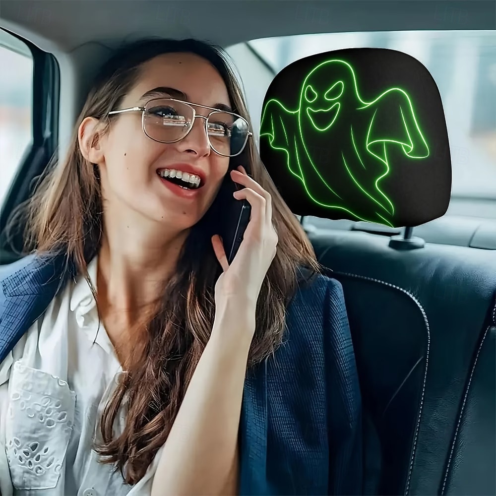 Conjunto de 2/4 capas de encosto de cabeça fluorescentes com tema de fantasmas para o Halloween, capas protetoras que brilham no escuro para encostos de cabeça de carros, decoração universal para de 2026 por $16.99 –P6