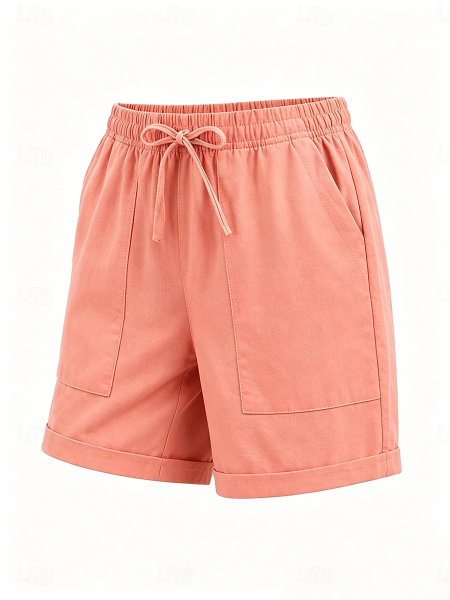 Women's Linen Shorts Summer Shorts Chinos Shorts Basic Short High Waist Plain Pocket Elastic Waistband Comfy Soft Comfortable Micro-elastic Outdoor Street Blue Khaki Black Pink Summer 2026 - $25.99 –P3