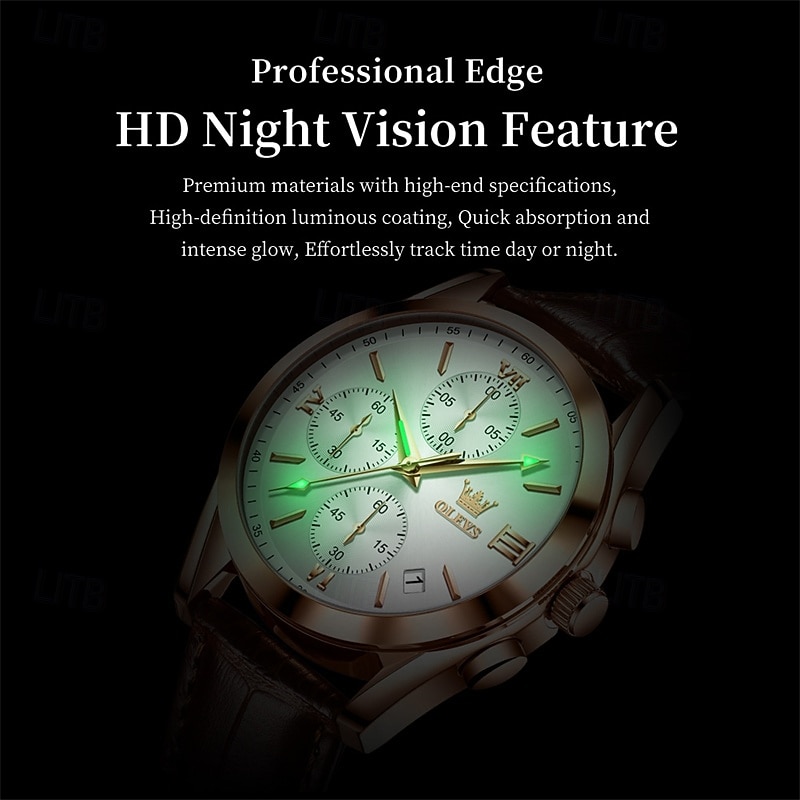 OLEVS Men's Luxury Watch Black Leather Strap Chronograph Waterproof Luminous Analog Quartz Wristwatch with Date Business Fashion Dress Watches for Men Gifts 2026 - $42.99 –P13