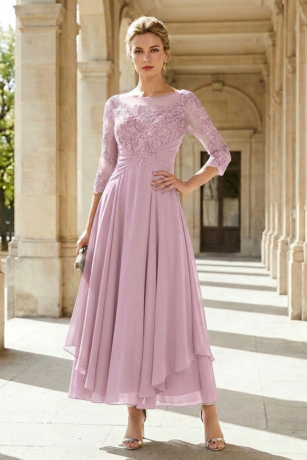 A-Line Ankle Length Party Dress Cocktail Dress Wedding Guest Dress Mother of the Bride Dress 3/4 Length Sleeve Jewel Neck Elegant Plus Size Wedding Guest Wedding Party Chiffon Lace with Ruched Sequin 2026 - $195.99 –P13