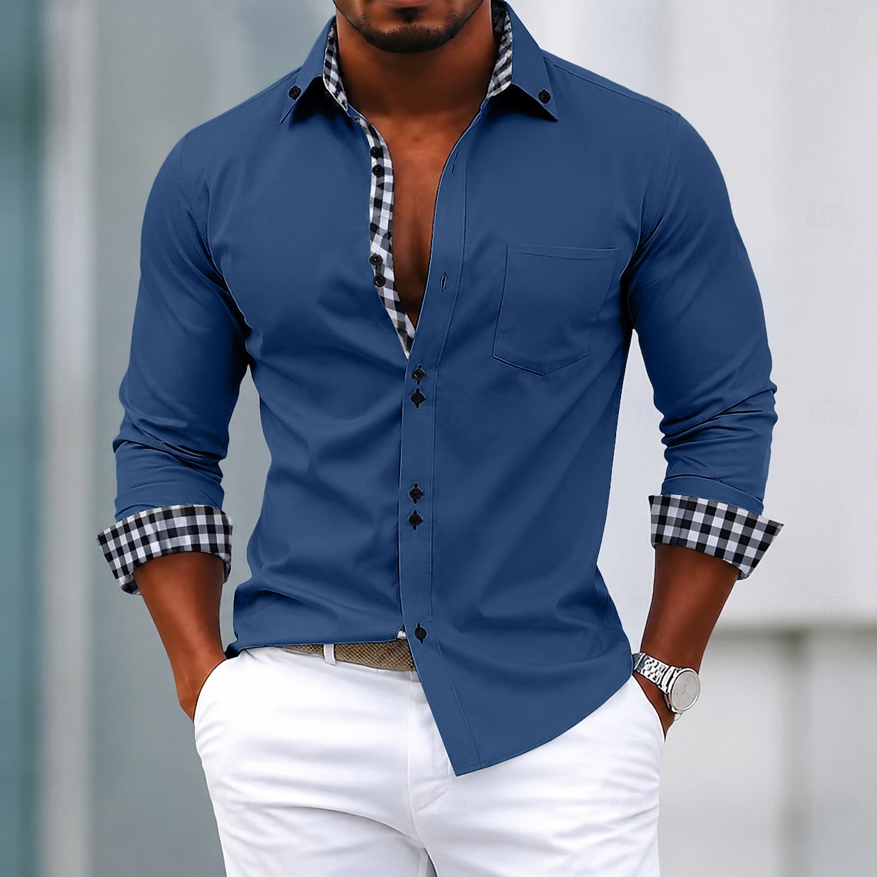 Men's Shirt Dress Shirt Button Down Shirt Non Iron Shirt Color Block Casual Daily Light Pink Light Blue Black White Long Sleeve Turndown All Seasons Clothing Apparel Patchwork 2026 - $32.99 –P4