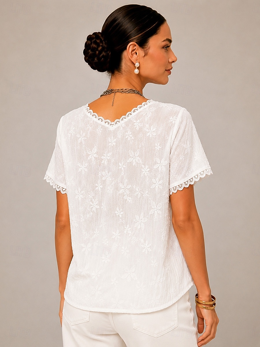 Damen Hemd Einfarbig Ombre Blumen Elegant Bohemien Urlaub Kurzarm V Ausschnitt Lange Oberteile Lässig Weiß Sommer Frühling 2026 - $33.99 –P3