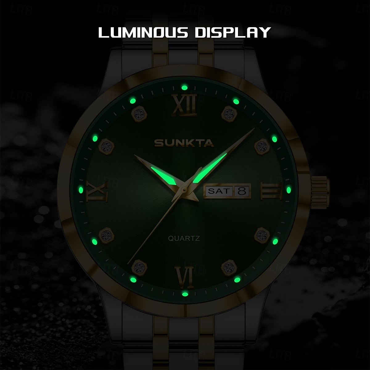 Reloj de negocios de lujo para hombre Sunkta, esfera verde, correa de acero inoxidable bicolor, resistente al agua, movimiento de cuarzo con calendario de día y fecha, números romanos, marcadores de 2026 - $9.99 –P9