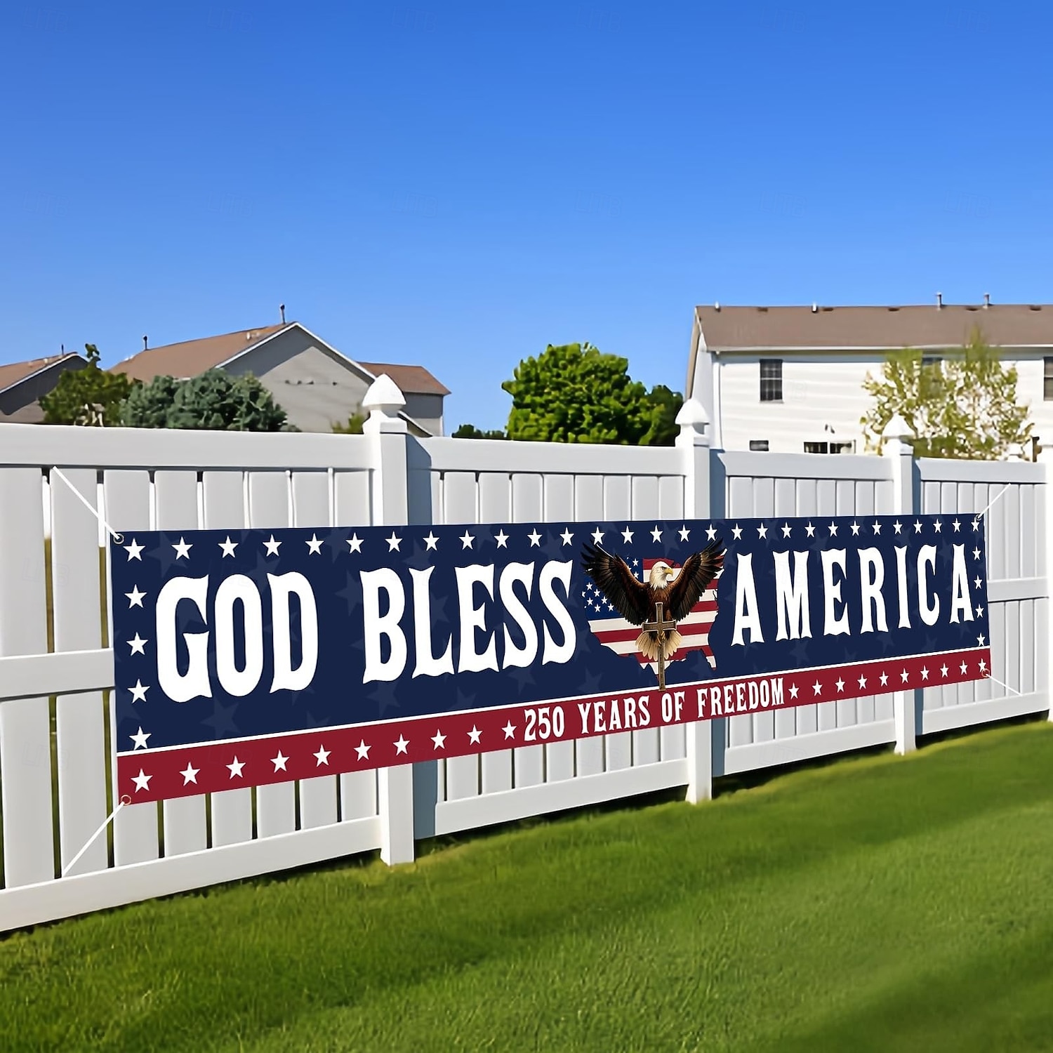 250-årsjubileum USA-flagg Gud velsigne Amerika-banner 4. juli-dekorasjoner stort 250-årsjubileumsbanner for utendørs, innendørs, hage, veranda, plen 2026 - $19.99 –P2