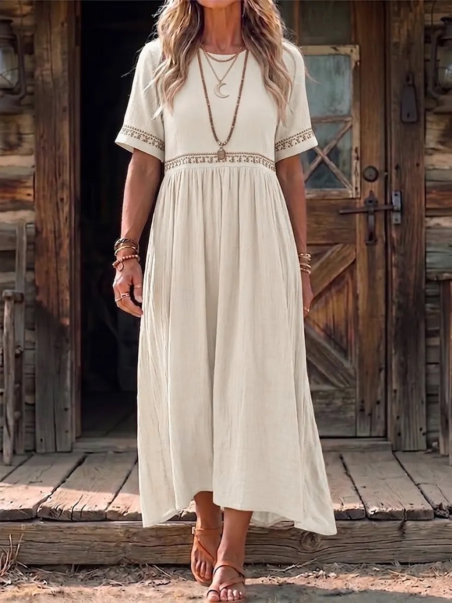 Damen Midikleid A Linie Kleid Lässig Strand Lässiger Schnitt Einfach Kurzarm Rundhalsausschnitt Weiß Rote Sommer Frühling 2026 - $31.99 –P2
