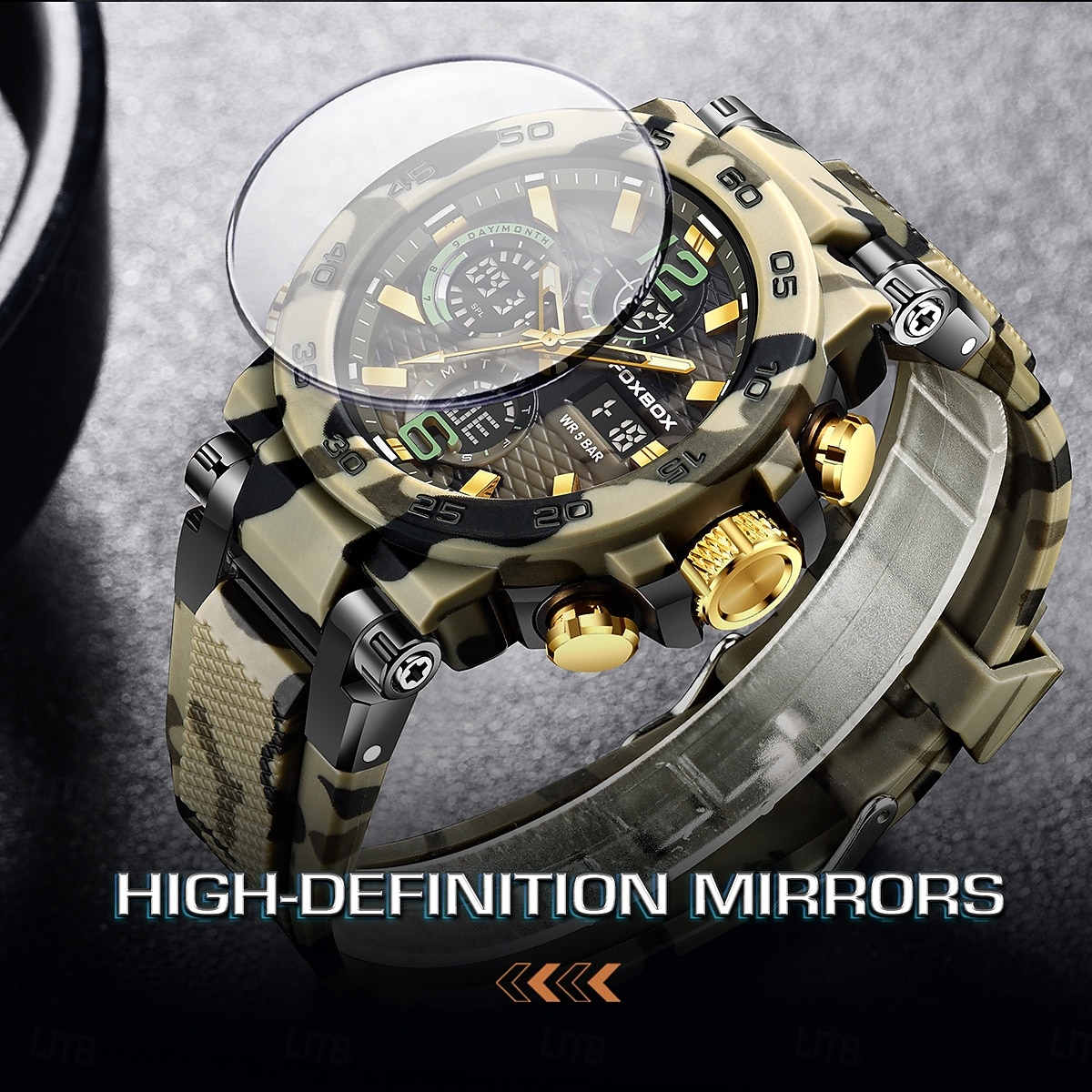 Foxbox heren militair sporthorloge, camouflage tactisch 50m waterdicht analoog digitaal horloge met dubbele display, quartz uurwerk, alarm, chronograaf en datumweergave, robuust outdoor polshorloge 2026 - $33.99 –P9