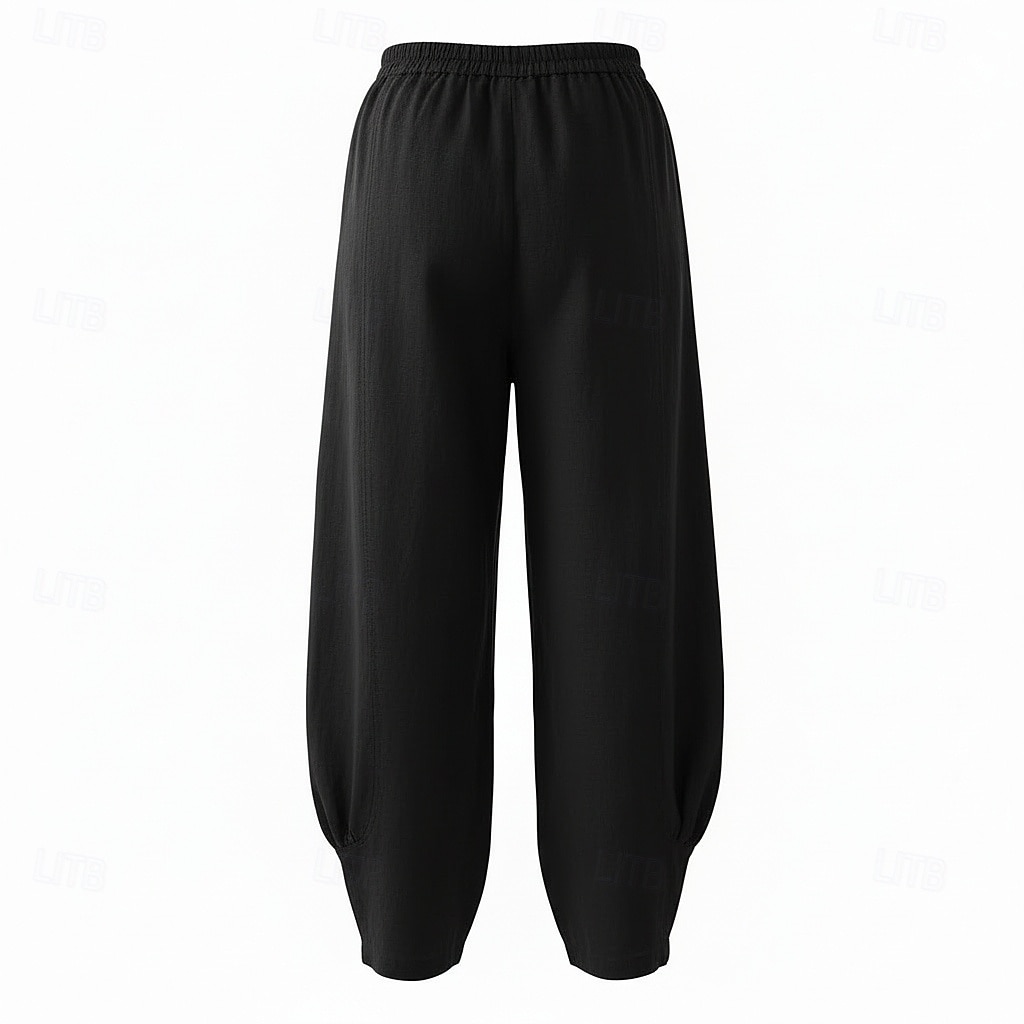 Pantalon large en lin pour femme, taille mi-haute, poches pleine longueur, ceinture élastique, couleur bordeaux et bleu azur, idéal pour les vacances de 2026 ? $49.99 –P9