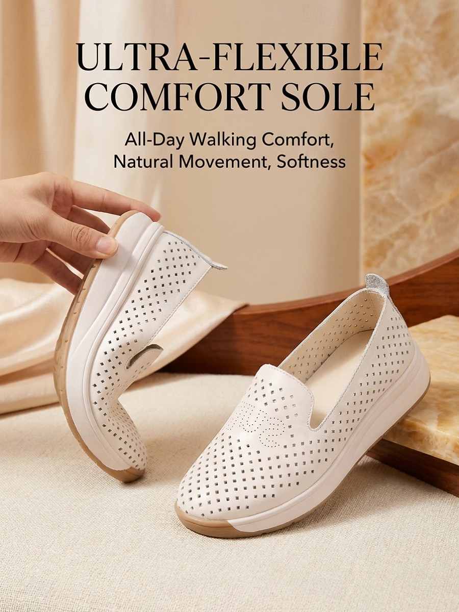Women's Beige Perforated Slip-On Walking Shoes with Breathable Hollow-Out Upper - Lightweight Comfort Shoes for Travel, Vacation, Shopping, Daily Walking and Everyday Wear 2026 - $32.99 –P1