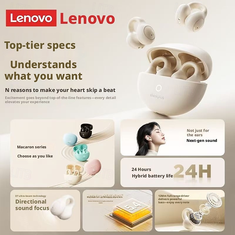 Lenovo ThinkPlus open-ear hoofdtelefoon, Bluetooth 5.4 draadloze clip-on oordopjes met luchtgeleiding, 360° ACS hifi stereo draadloze oordopjes met ENC ruisonderdrukkende microfoon, 24 uur 2026 - $35.99 –P7