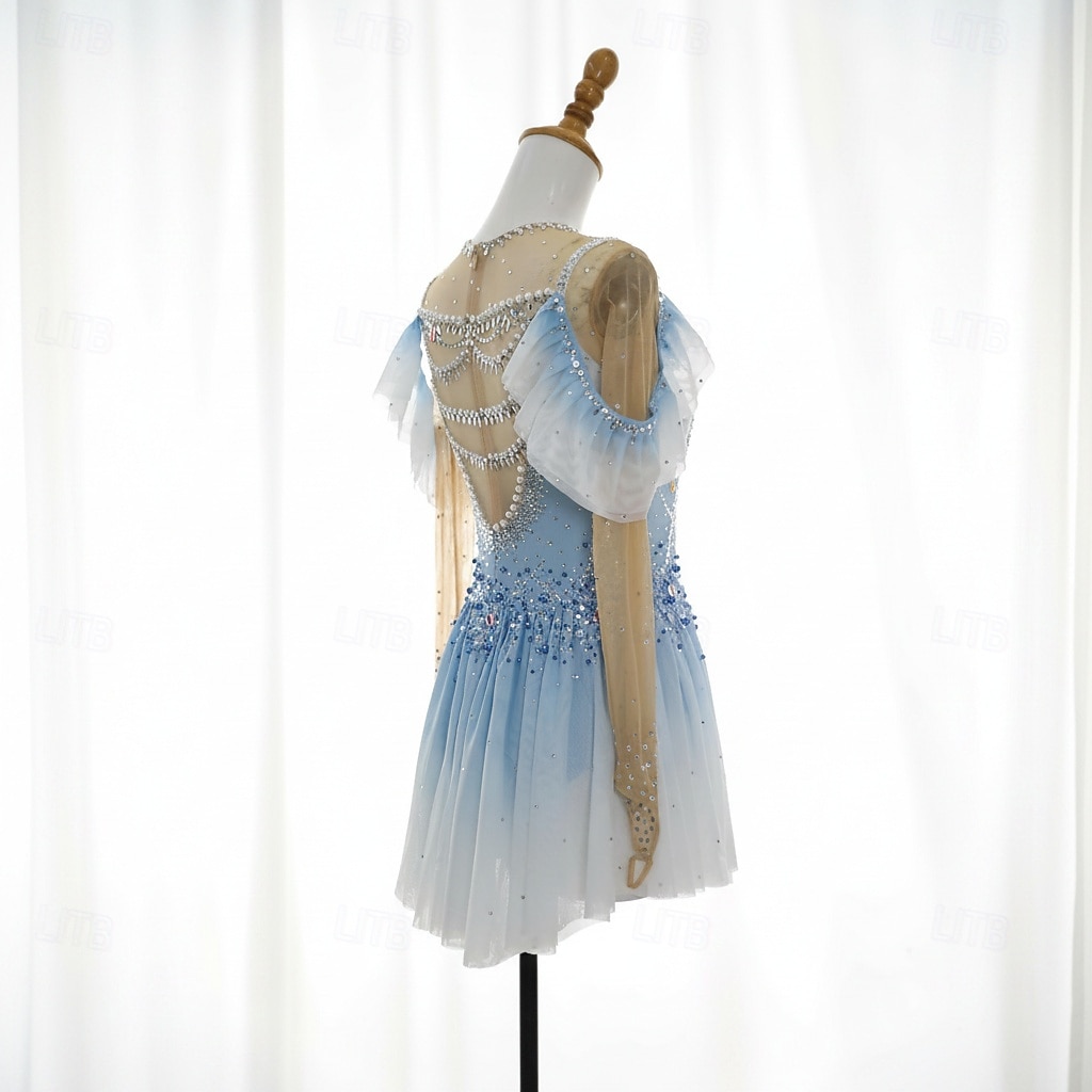 Figure Skating Dress Women's Ice Skating Dress Sky Blue Patchwork Thumbhole Stretchy Training Competition Skating Wear Classic Crystal / Rhinestone Long Sleeve Ice Skating Figure Skating 2026 - $536.99 –P5