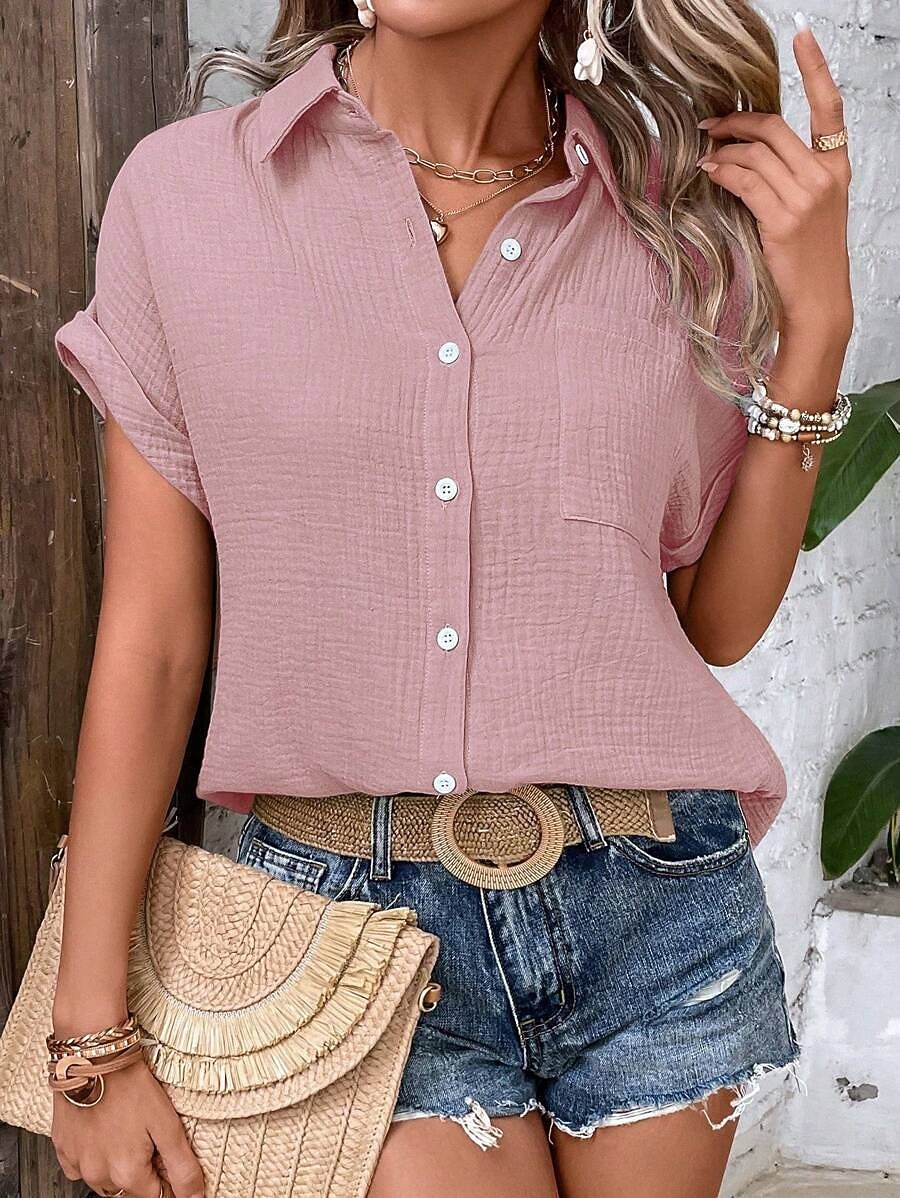 Mujer Camisa Blusa Retazos Bolsillo Color sólido Elegante Moda Casual Manga Corta Cuello Camisero Tops regulares Casual Rosa Naranja Marrón Verde Trébol Albaricoque Verano Primavera 2026 - $22.99 –P5