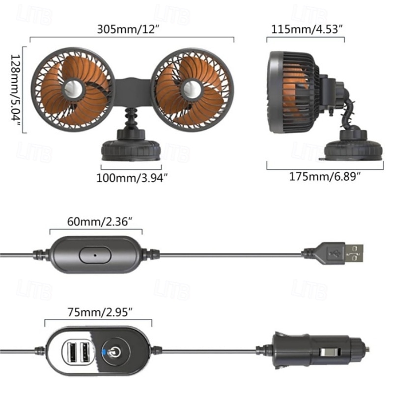 Dubbele ventilator voor in de auto met zuignap, 360° draaibare koelventilator voor voorruit en dashboard, draagbare elektrische luchtcirculator, stille ventilator voor sedan, SUV, camper, vrachtwagen 2026 - $64.99 –P6