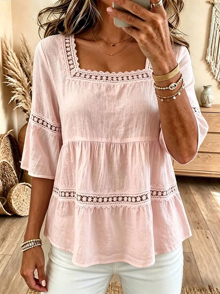 Women's Blouse Lace Trim Solid Color Vintage Stylish Classic 3/4 Length Sleeve Square Neck Regular Tops Casual Daily Blue White Pink Summer Spring 2026 - $33.99 –P3