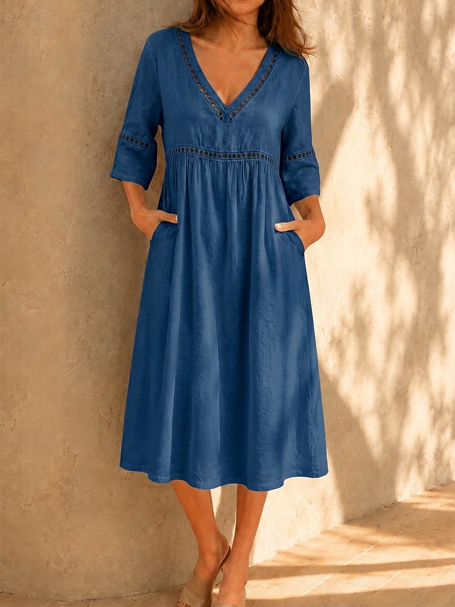 Per donna Abito Midi Abito in pizzo bianco Abito a trapezio Abito Estivo Casual Spiaggia Vacanza Vestibilità regolare Semplice Mezza Manica Scollo a V Blu Bianco Blu Reale Estate Primavera del 2026 a $34.99 –P3