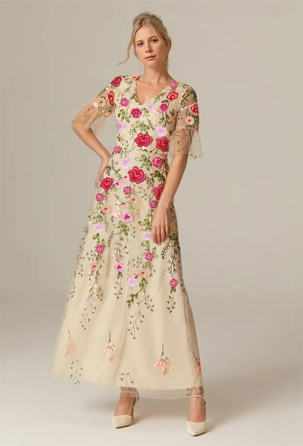 A-Line Dress Ankle Length Party Dress Cocktail Dress Wedding Guest Dress Mother of the Bride Dress Short Sleeve V Neck Elegant Vintage Formal Tulle with Embroidery Appliques Flower 2026 - $195.99 –P6