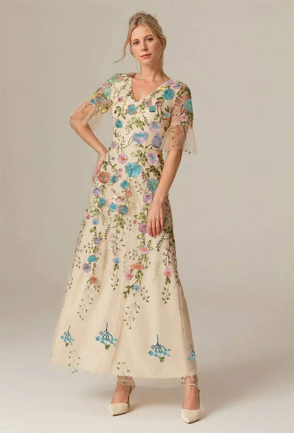 A-Line Dress Ankle Length Party Dress Cocktail Dress Wedding Guest Dress Mother of the Bride Dress Short Sleeve V Neck Elegant Vintage Formal Tulle with Embroidery Appliques Flower 2026 - $195.99 –P8