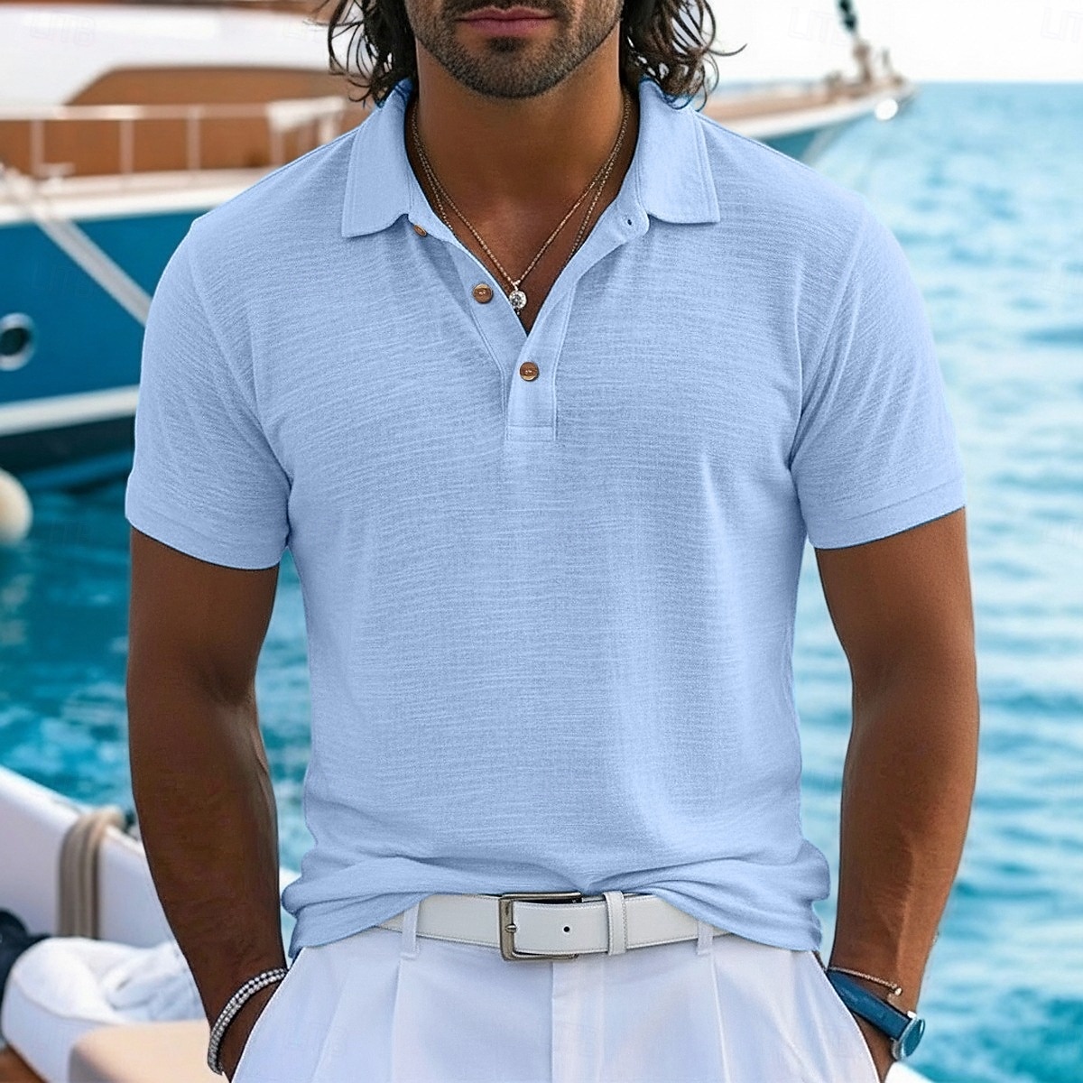 Men's Linen Shirt Polo Shirts Casual Vacation Classic Short Sleeve Vacation Fashion Plain Textured Color Block Buttons Summer Spring Regular Fit Lake blue Black Green Light Blue Linen Shirt 2026 - $24.99 –P2