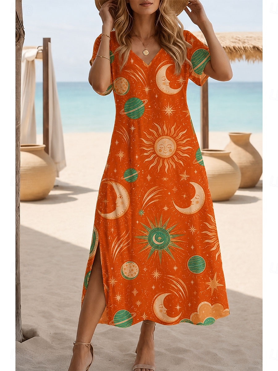 Per donna Abito maxi Abito a trapezio Casual Ferie Data Vestibilità regolare Floreale Grafico Leopardo Manica Corta Scollo a V Giallo Viola Verde Estate Primavera del 2026 a $28.99 –P1
