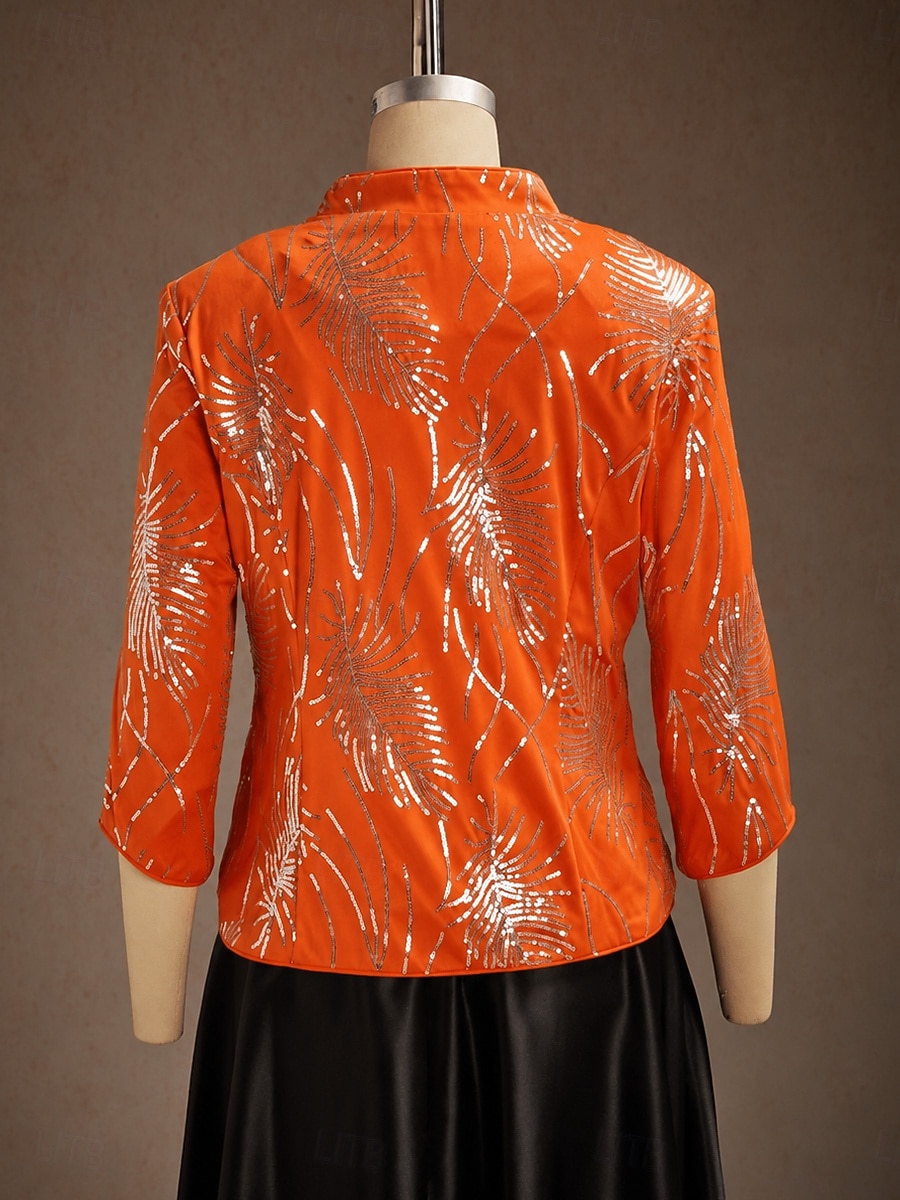 Women's Sequin Tops Twinset Sequins Feather Elegant 3/4 Length Sleeve Mandarin Collar Regular Tops Wedding Guest Orange Spring Fall 2026 - $93.99 –P5