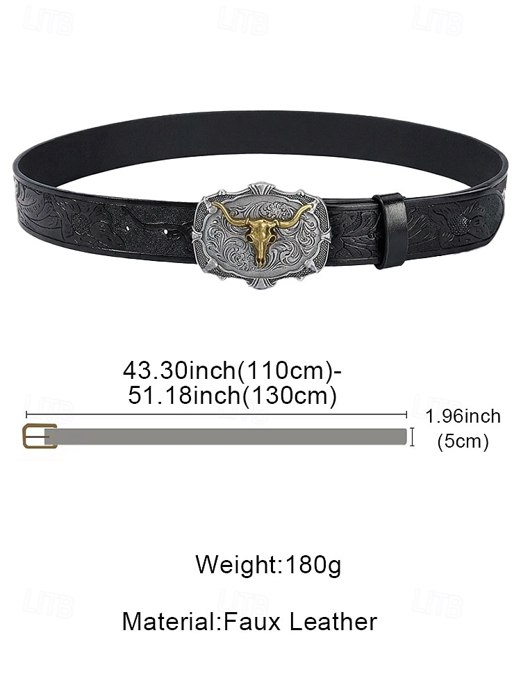 Men's Western Cowboy Belt, Vintage Embossed Faux Leather Belt for Men, Adjustable Length Country Style Waistband with Large Bull Skull Buckle, Retro Rodeo Jeans Accessory, Black Brown Colors 2026 - $14.99 –P8