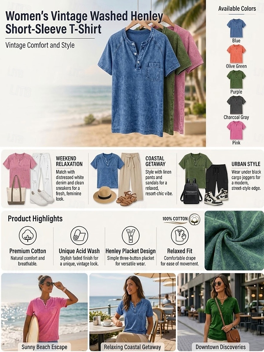 Camiseta feminina softfade™ 100% algodão estilo Henley - camiseta vintage de alta qualidade com manga curta, gola redonda e bolso. de 2026 por $27.99 –P4