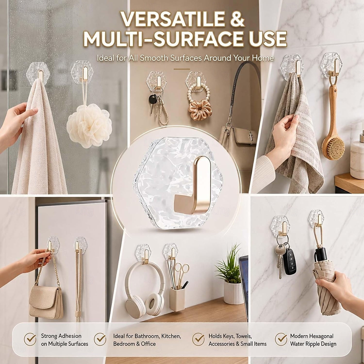 15/20 PCS Water Ripple Hexagonal Self Adhesive Hooks, No-Drill Waterproof Wall Hooks for Bathroom Kitchen, Heavy Duty Acrylic Glacier Ripple Hook for Towels Keys & Home Decor 2026 - $11.99 –P8