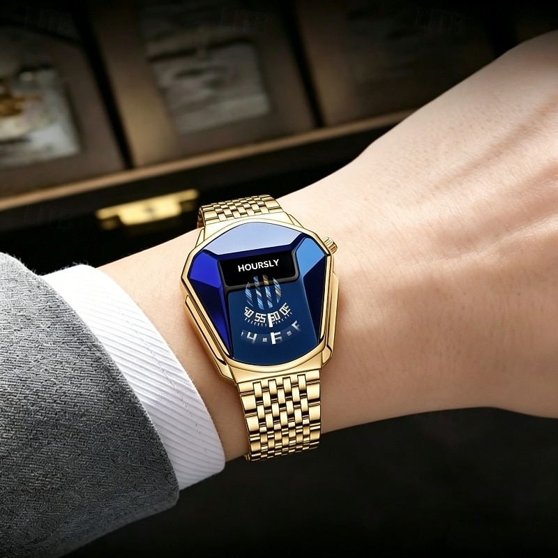 Orologio da polso di lusso da uomo in oro, design creativo a scudo triangolare con esclusivo display a disco rotante, cristallo blu sfaccettato, cinturino in acciaio inossidabile, impermeabile, del 2026 a $20.99 –P1