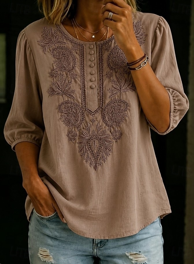 Women's Shirt Eyelet Top Boho Shirt Lace Shirt Lace Embroidered Elegant Bohemia Vacation 3/4 Length Sleeve Long Tops Casual Blue White Yellow Orange Brown Summer Spring 2026 - $24.99 –P10