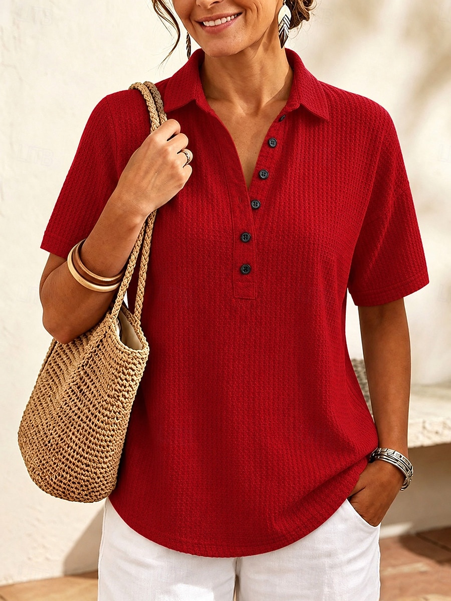 Women's Waffle T-shirt Polo Henley Shirt Buttons Solid Color Plain Vintage Stylish Classic Short Sleeve Shirt Collar Long Tops Casual Daily Blue White Black Pink Red Summer Spring 2026 - $27.99 –P7