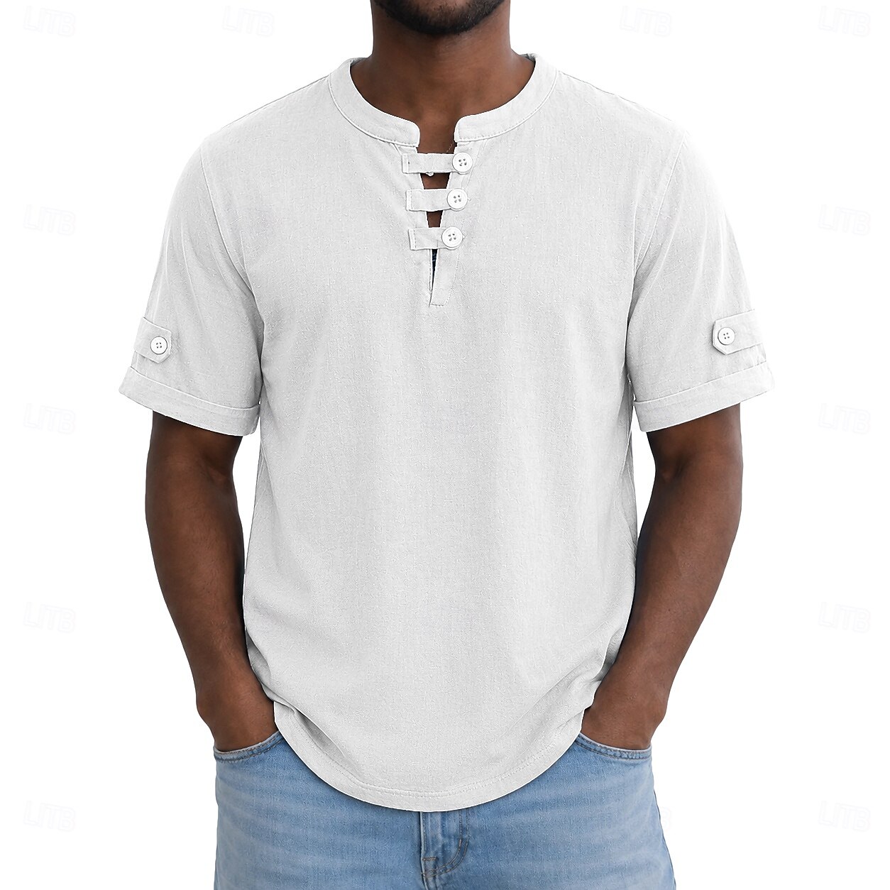 Men's 100% Cotton Polo Shirts Casual Vacation Collarless Short Sleeve Vacation Modern Plain Lightweight Buttons Summer Spring Blue White Yellow 100% Cotton 2026 - $26.99 –P2