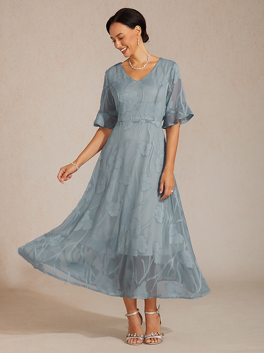 Damen Midikleid A Linie Kleid Elegant Flattrige Ärmel Täglich Urlaub Hochzeitsgast Schnürung Rüsche Normale Passform Blumen Kurzarm V Ausschnitt Himmelgrau 2026 - $79.99 –P1
