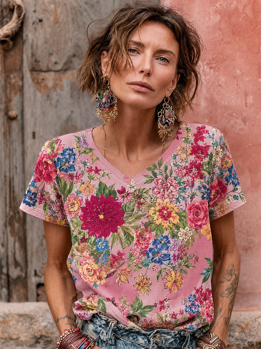 Mujer Camiseta bohemia Tops de verano Floral Graphic Plantas Elegante Bohemia Vintage Manga Corta Escote en Pico Tops regulares Casual Diario Deportes Azul Piscina Rosa albaricoque Rosa Verano 2026 - $21.99 –P5