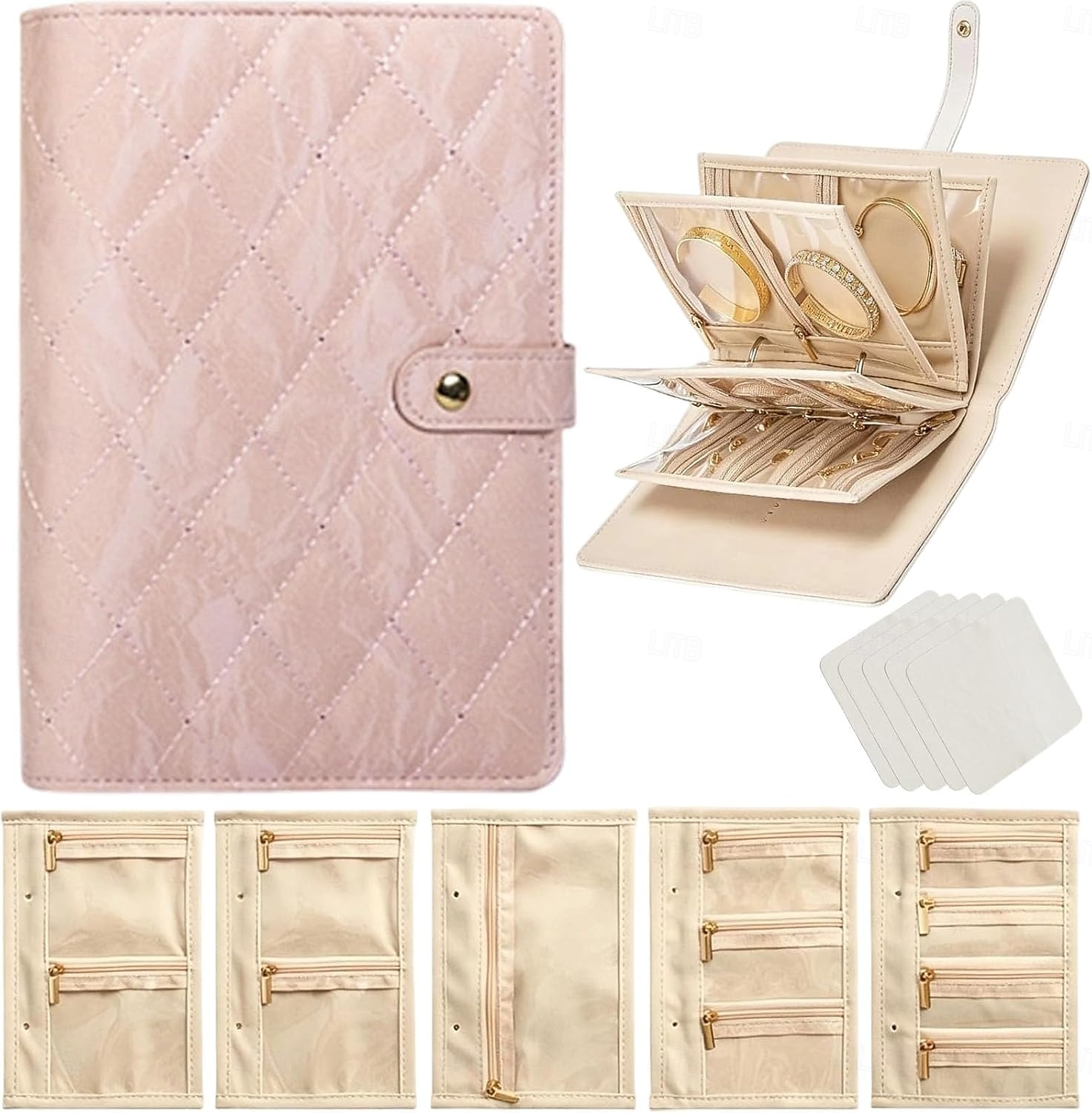 Astuccio da viaggio per gioielli, pratico astuccio in pelle per gioielli da donna, con 5 pochette in velluto rimovibili per orecchini, anelli, collane e accessori da viaggio anti-groviglio. del 2026 a $19.99 –P1