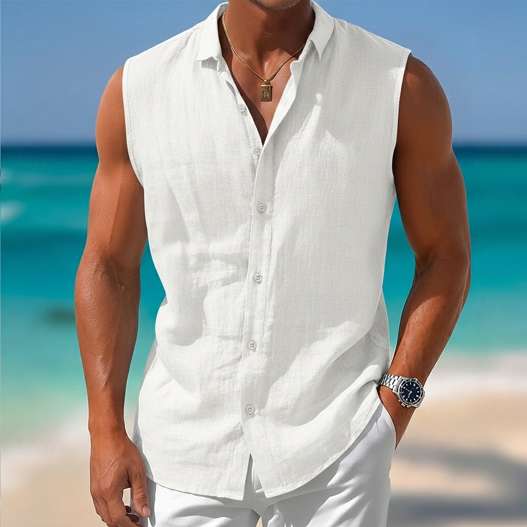Men Shirt Linen Shirt Summer Shirt Beach Wear Button Up Shirt Plain Casual Daily White Pink Light Blue Sleeveless Collar Summer Spring Clothing Apparel 2026 - $21.99 –P4