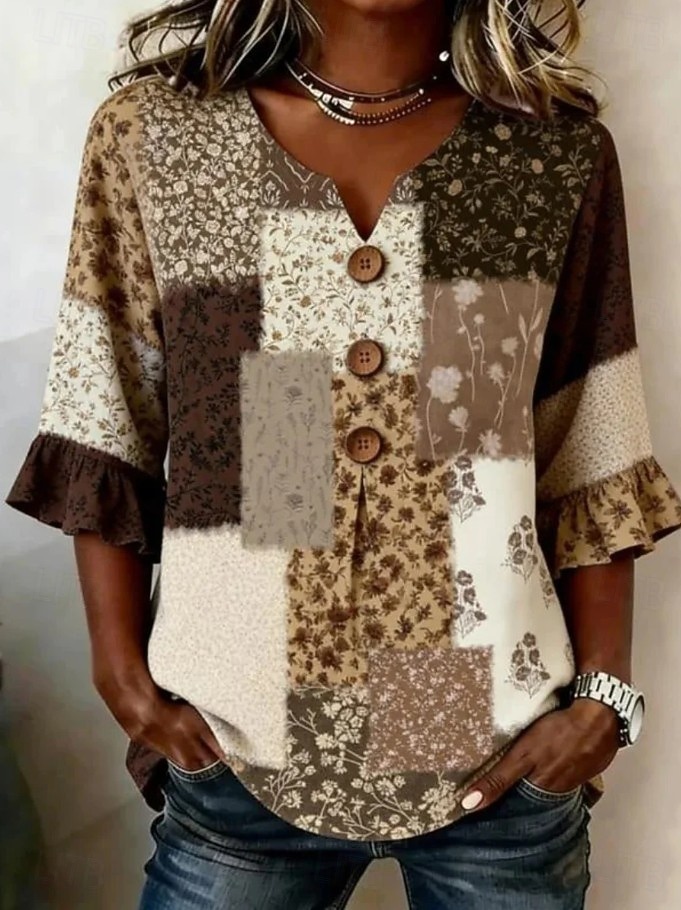 Femmes Chemise Patchwork Boutons Imprimé A Ombre Graphique ancien Élégant Manche 3/4 Col en V Hauts Longs Occasionnel Quotidien Fête Bleu Marron Beige Grise Été Printemps de 2026 ? $26.99 –P5