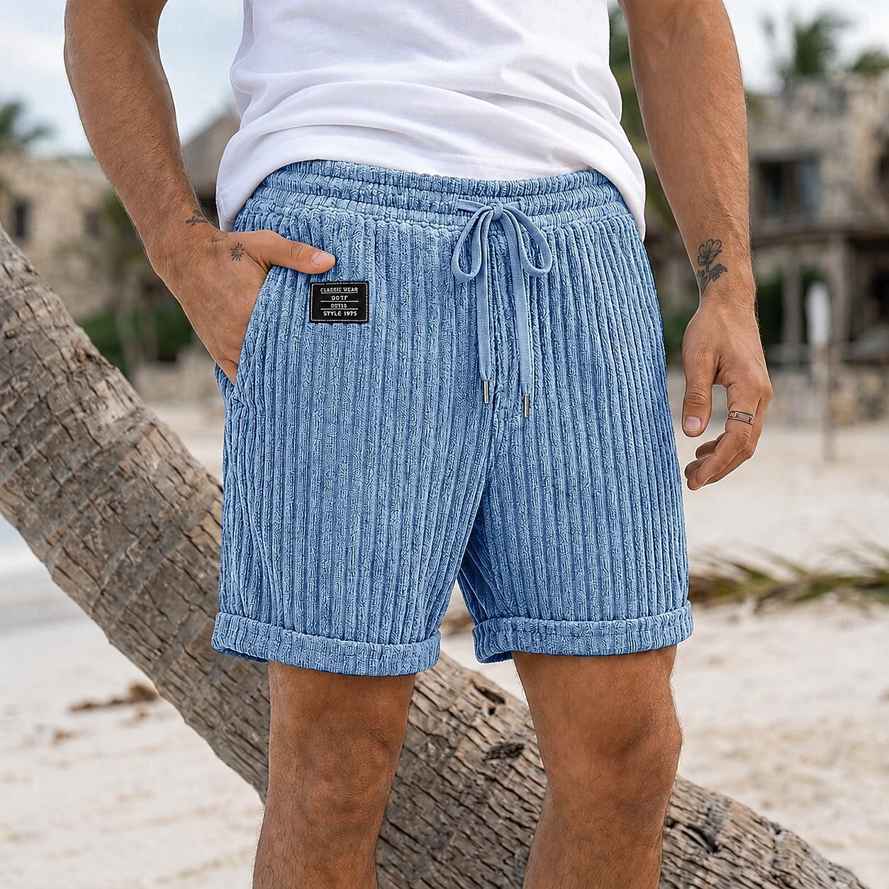 Męskie Szorty Szorty na co dzień Sztruksowe szorty Kieszeń Elastyczny pas Równina Pionowe paski Komfort Oddychający Nad kolano Codzienny Na zewnątrz Plaża Urlop Moda Khaki Czarny Elastyczny 2026 - $27.99 –P3
