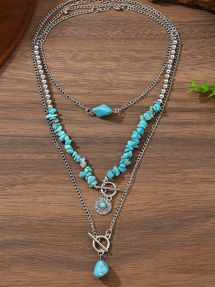 Conjunto de collar de turquesa en capas para mujer, joyería boho de piedra natural con cadena de aleación de plata, regalo de moda de verano para mujeres maduras, playa, resort, fiesta en el jardín, 2026 - $9.99 –P4