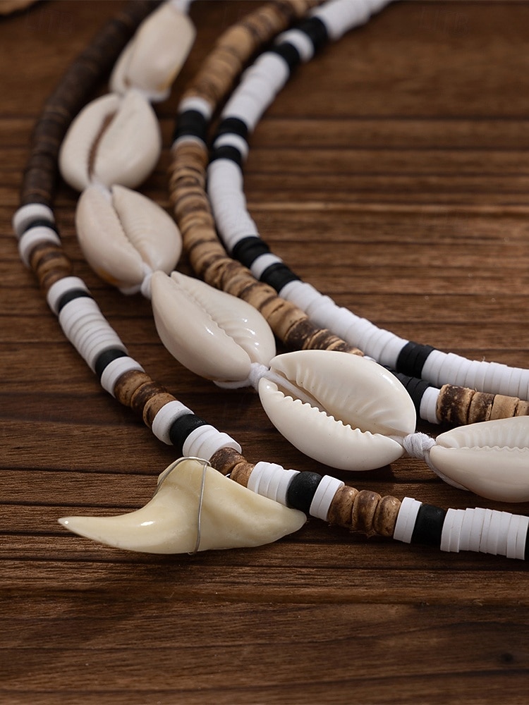 herrskal &Halsband med träpärlor i 4 delar, strandsmycken i lager med hajtandshänge, bohemiskt halsband i kustnära surfstil för semester, resor, festivaler och sommarens vardagskläder 2026 - $14.99 –P5