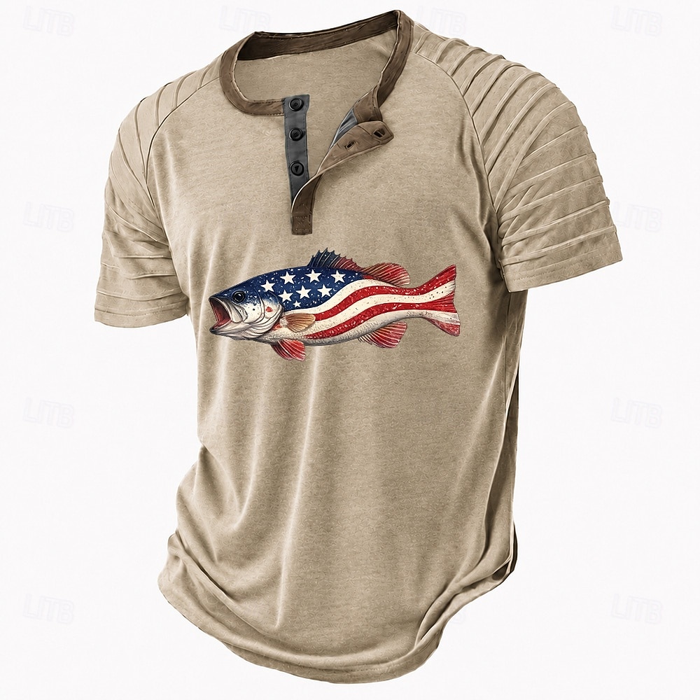 Men's American US Flag Fish Henley Shirt Raglan T Shirt Short Sleeve Fashion Designer Casual Casual Daily Outdoor Summer Blue Gray Green Red Beige Henley Collar Henley Henley T-Shirt 2026 - $16.99 –P1