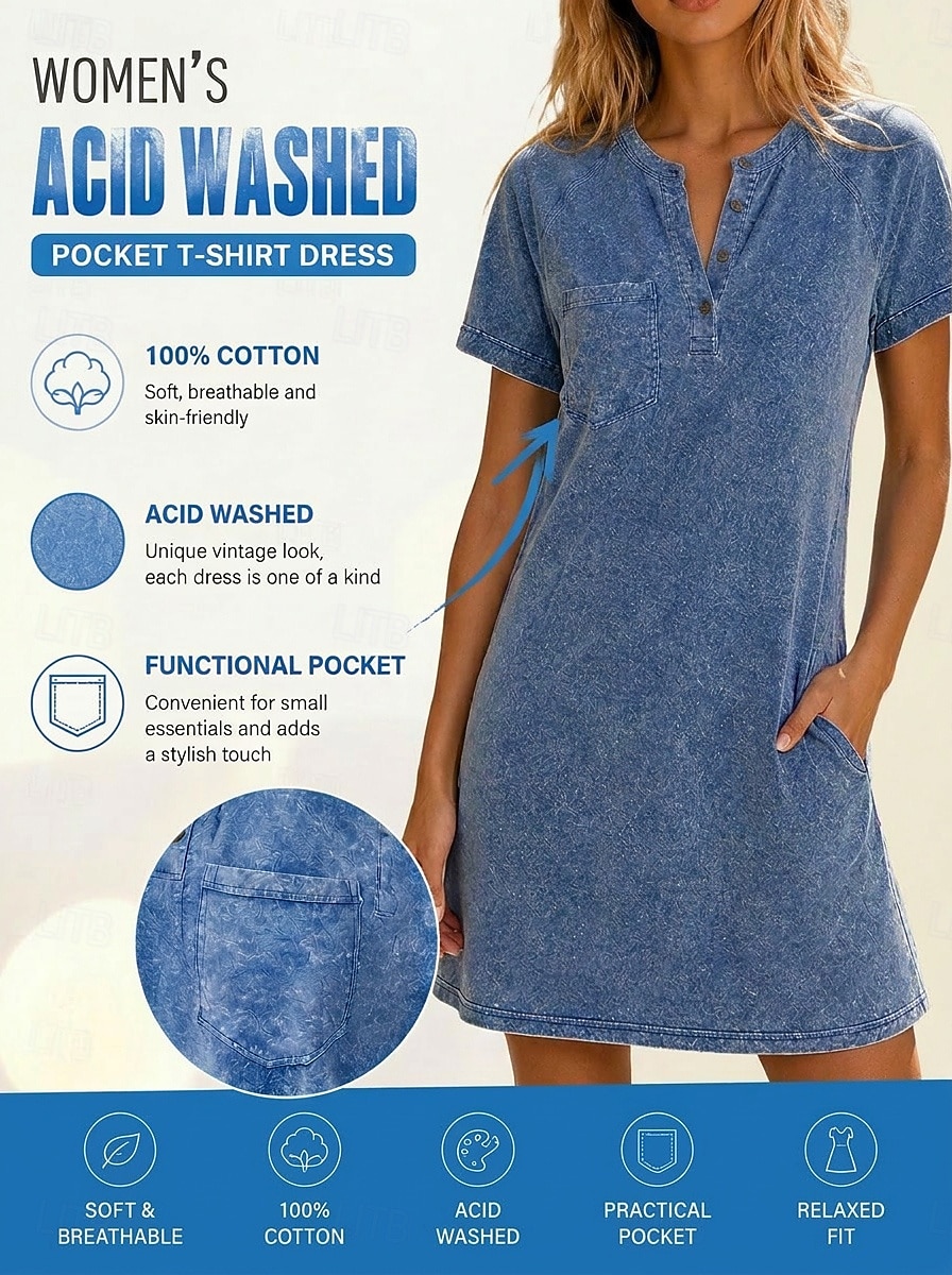 Per donna Abito al ginocchio Abito lavato 100% cotone Essenziale Classico Quotidiano Vacanza Vestibilità regolare Semplice Manica Corta Girocollo Blu Estate Primavera del 2026 a $28.99 –P3