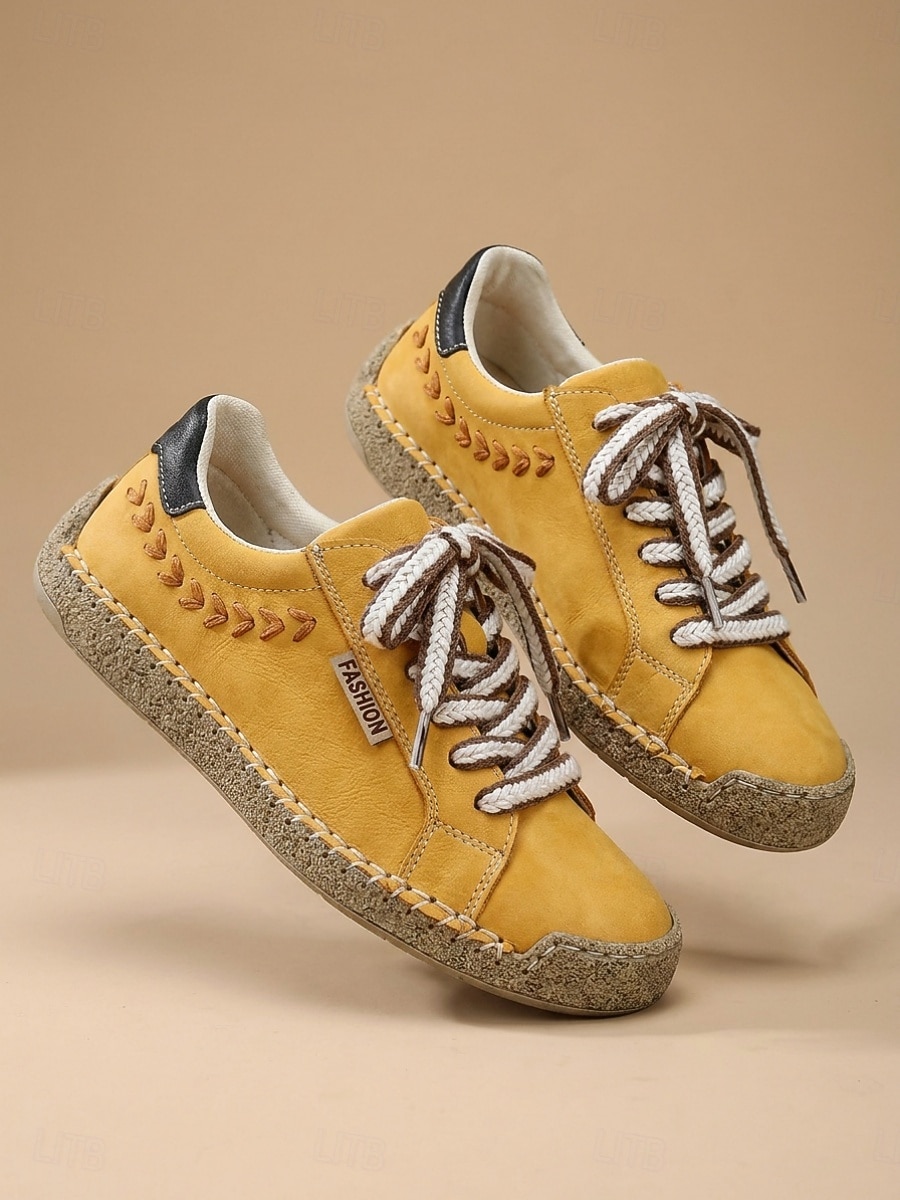 Women's Yellow Handcrafted Retro Casual Sneakers – Embroidery Lace-up Walking Shoes with Non-slip Sole for Travel, Outdoor Walking & Everyday Wear 2026 - $42.99 –P1